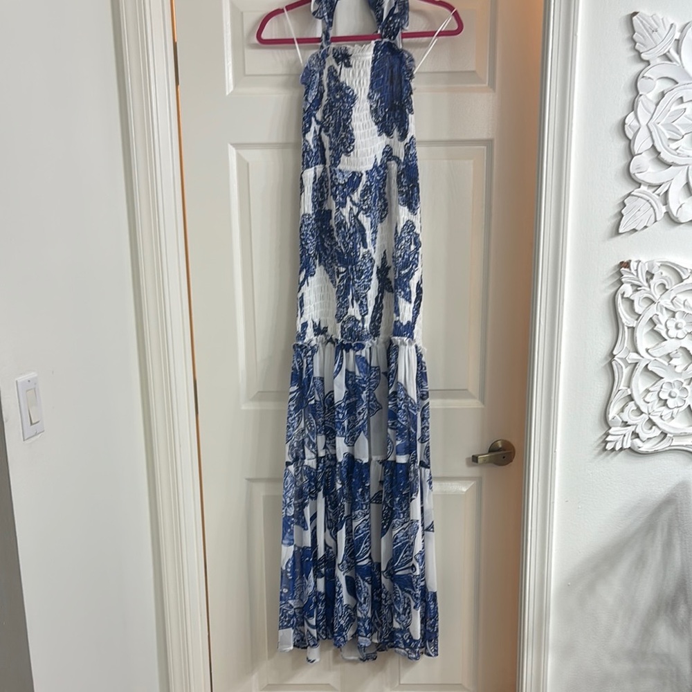 Elegant Blue and White Halter Maxi Dress